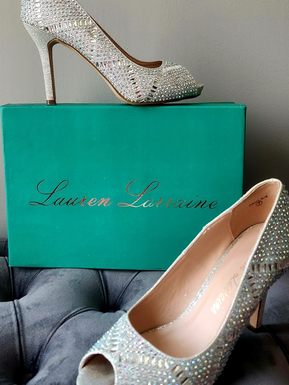Lauren Lorraine Crystal-Embellished Silver Peep-Toe Heels